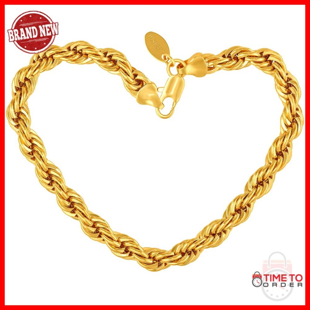 7mm Rope Chain Bracelet 24K Gold Plated Lobster Clasp 9 Inch